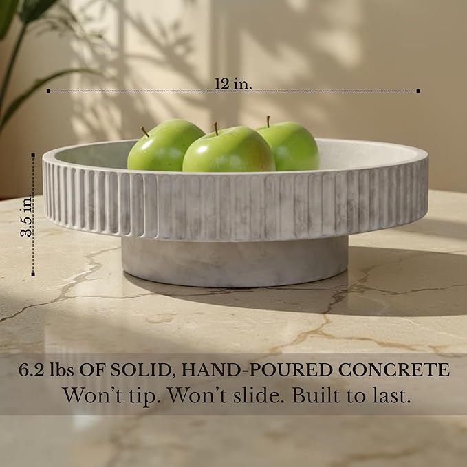 JUPTR 12” Fluted Concrete Fruit Bowl – Heavyweight Pedestal Decorative Bowl for Table Centerpiece, Entryway Catch-All & Modern Home Décor (Natural)