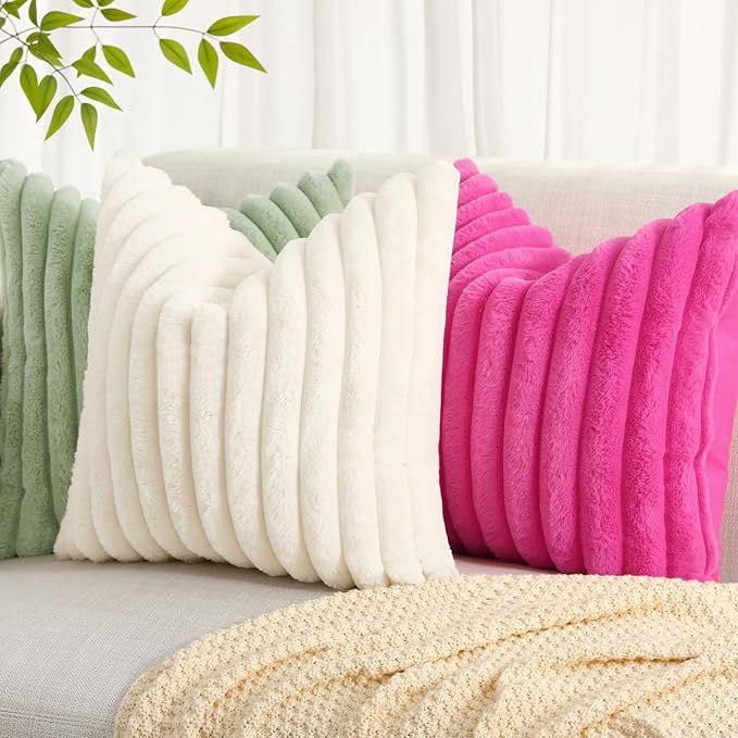 decorUhome Faux Fur Spring Throw Pillow Covers 18x18 Set of 2, Decorative Soft Plush Striped Neutral Couch Pillow Covers with Velvet Back for Sofa, Bed, Living Room Home, Sage Green