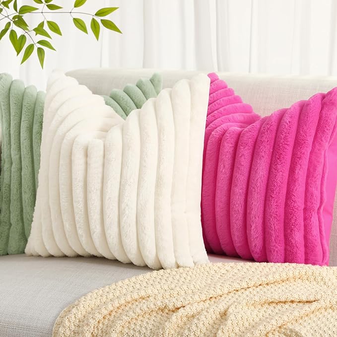 decorUhome Faux Fur Spring Throw Pillow Covers 20x20 Set of 2, Decorative Soft Plush Striped Neutral Couch Pillow Covers with Velvet Back for Sofa, Bed, Living Room Home, Sage Green