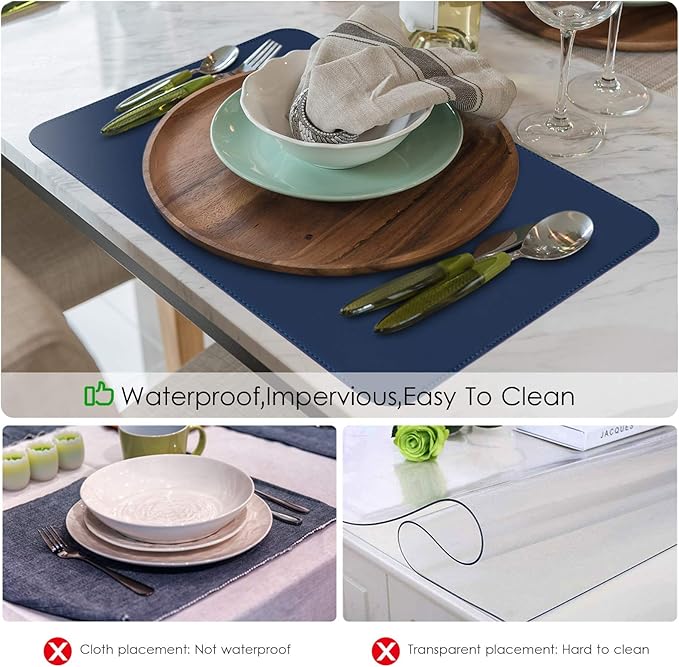 Faux Leather Placemats Set of 6, Vinyl Placemats Heat Resistant Place Mats, Waterproof Oil-Proof Wipeable Dining Table Mats and Coasters for Kitchen, Indoor, Outdoor (Navy Blue)
