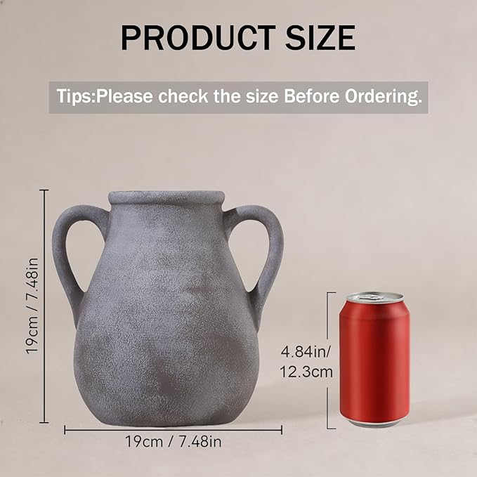 Ceramic Flower Vase with Handles, 7.5 inch Rustic Farmhouse Vase for Centerpieces, Small Decorative Terracotta Vases for Home Decor, Living Room, Table, Neutral
