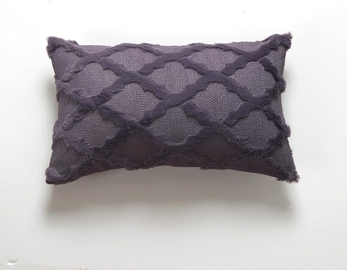 EMMTEEY Boho Fluffy Pillow Covers 12X20 - Single-Sided Striped Embroidery Design, Neutral Nordic Style Pillow Case Bed Sofa Decor for Cozy Home Styling, Purple