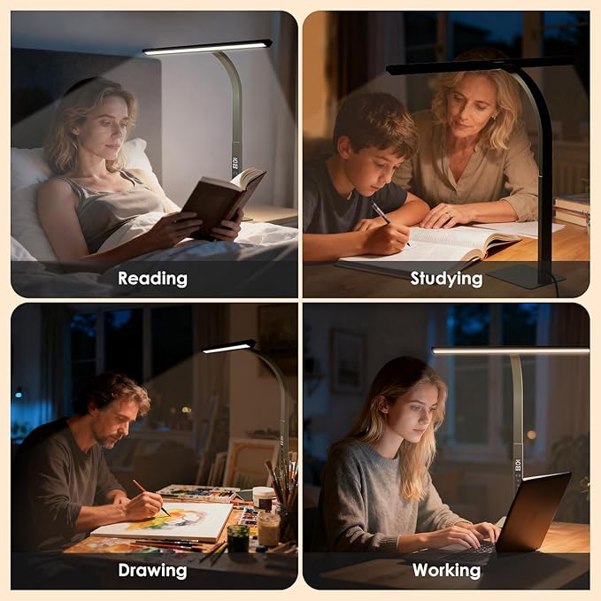 LED Desk Lamp for Office Home: Table Light with Base Pomodoro Timer, Clock LCD Display 5 Color Dimming Bright Lighting Desktop, Adjustable Flexible Gooseneck, Task Lamp for Reading Study Work Drafting
