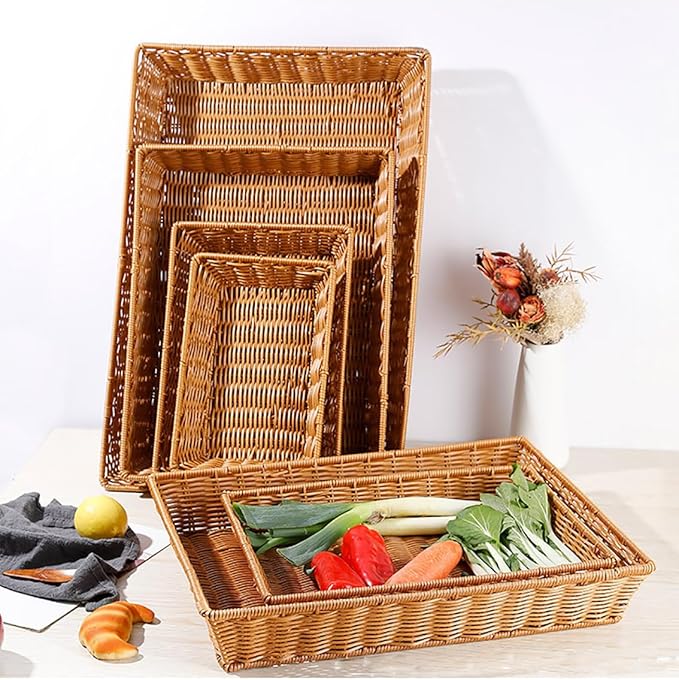 Poly Wicker Bread Basket, Hand Woven Food Storage Room Organizer, Fruits, Vegetables and Snacks Tabletop Food Serving Basket, Restaurant, Hotel Service, Brown (16“2pack)