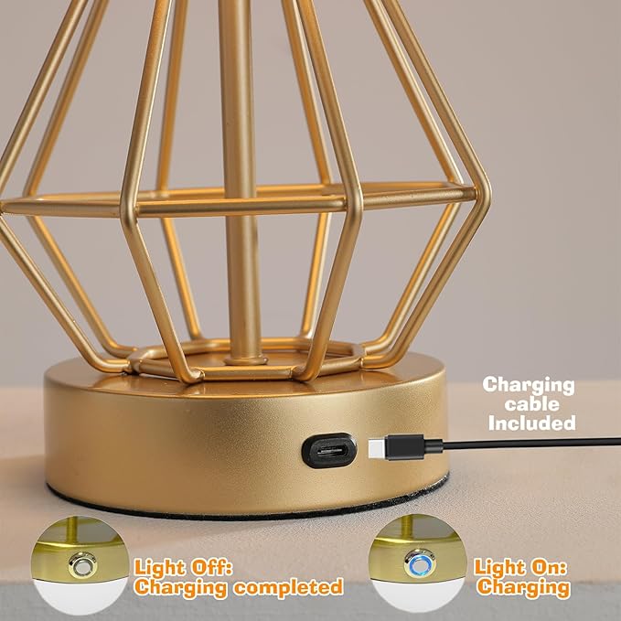 Gold Cordless Lamp,Touch Stepless Dimming,8000mAh Rechargeable Battery Table Lamp,Gold Cage Frame Wireless Lamp,White Lampshade,14.7inches Tall
