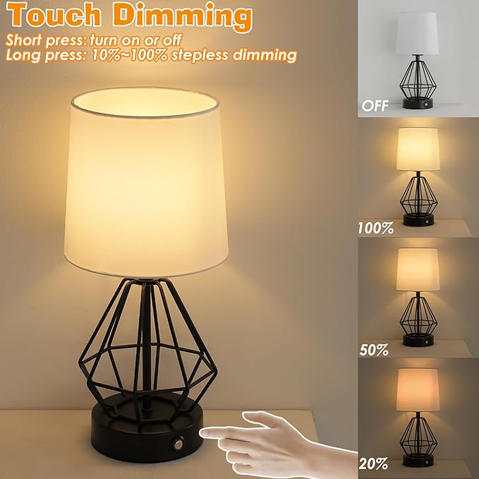 Black Cordless Lamp,Touch Stepless Dimming,8000mAh Rechargeable Battery Table Lamp,Black Cage Frame Wireless Lamp,White Lampshade,14.7inches Tall