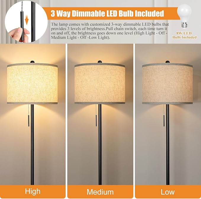 Qingmiao Floor Lamp for Living Room, 63in Black Standing Lamp, 3-Way Dimmable Floor Lamp for Bedroom, Tall Lamp with White Linen Shade for Office