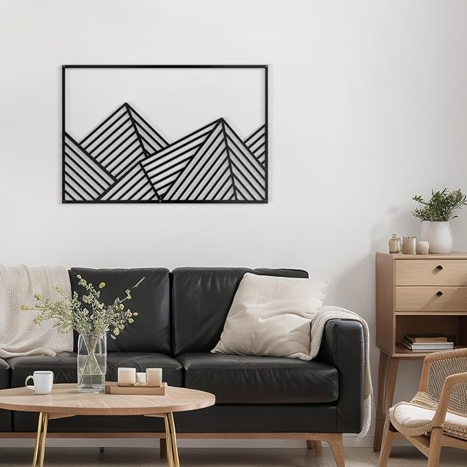 SIGNLEADER Metal Wall Decor Mountains Triangle Line Minimalist Modern Luxury Wall Sculpture Hangings 3D Statue Home Decoration for Living Room, Bedroom, Bathroom, Kitchen, Fireplace, Office - 24" Black