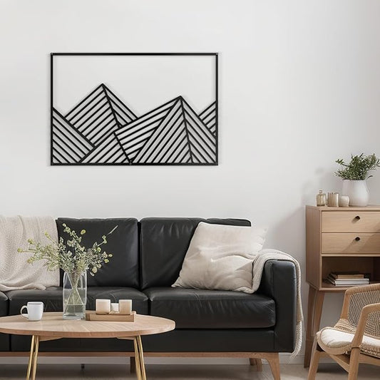 SIGNLEADER Metal Wall Decor Mountains Triangle Line Minimalist Modern Luxury Wall Sculpture Hangings 3D Statue Home Decoration for Living Room, Bedroom, Bathroom, Kitchen, Fireplace, Office - 24" Black