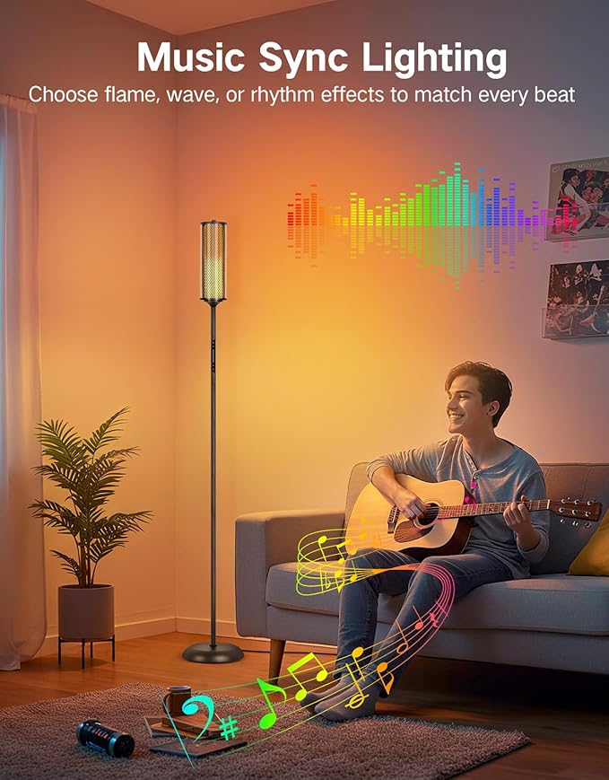 OUTON LED Floor Lamp with Remote & APP Control, Tall Standing Lamp, 16 Million Colors, 32 Scene Modes & Music Sync, Modern Corner Lamps for Living Room, Bedroom, Gaming, Black & Glass Lampshade