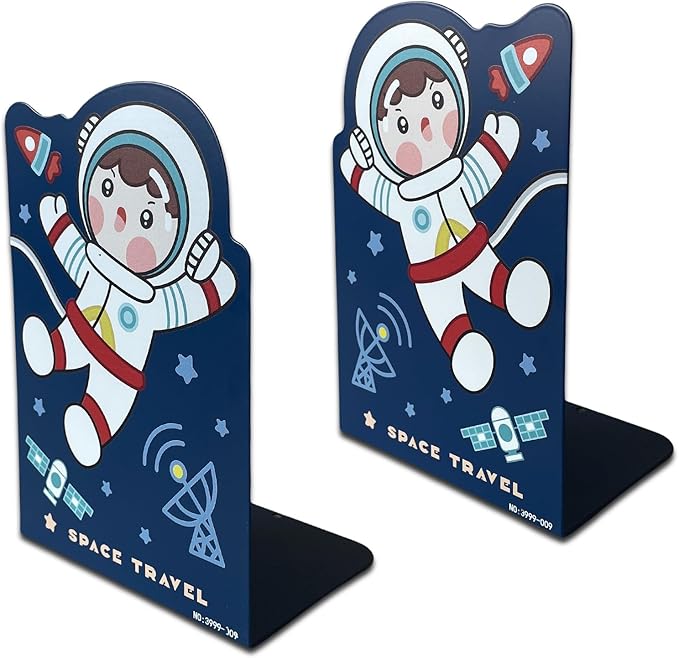 2 Pack Metal Bookends,Non-Slip Cartoon Boy Astronauts Book Stopper,5.3"x3.9"x8"Heavy Duty Premium Space Travell Decorative Book End, Supports for Kids Children Shelves,Room,School,Learning Gifts