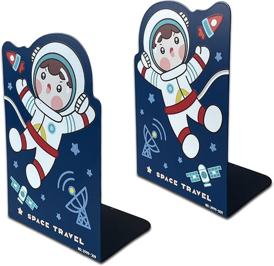 2 Pack Metal Bookends,Non-Slip Cartoon Boy Astronauts Book Stopper,5.3"x3.9"x8"Heavy Duty Premium Space Travell Decorative Book End, Supports for Kids Children Shelves,Room,School,Learning Gifts