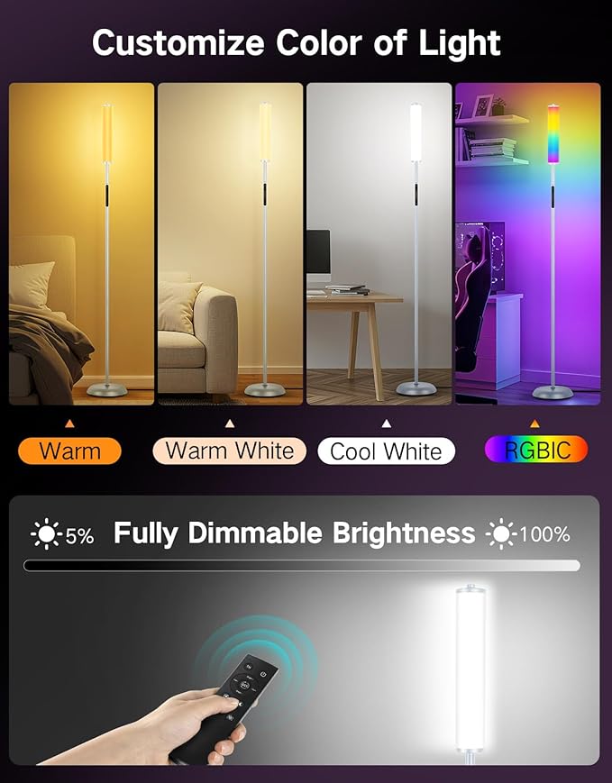 OUTON LED Floor Lamp with Remote & APP Control, 1500LM Ultra Bright Tall Standing Lamp, 16 Million Colors, 32 Scene Modes & Music Sync, Modern Corner Lamps for Living Room, Bedroom, Gaming, Grey