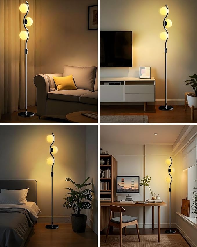 ACOHOOK Dimmable Globe Floor Lamp Black Standing Lamps with 3 Soft Warm White 3000K Bulbs, Mid Century Modern Floor Lamp for Living Room Bedroom Home Decor