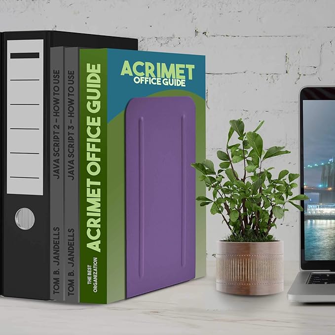 Acrimet Metal Bookends, Jumbo Size 9" H x 4" W x 4-1/2" D, Non-Skid Book Stand for Shelves, Heavy Duty Book Stopper, Purple, 1 Pair