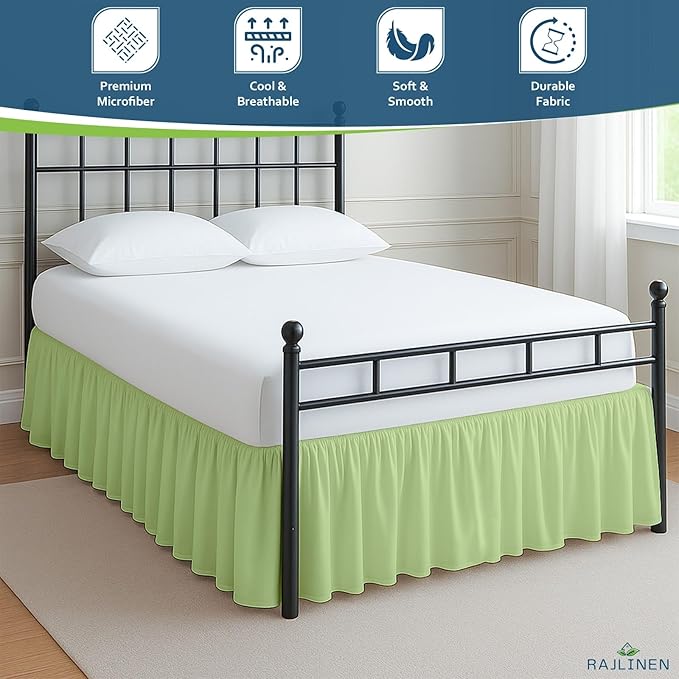 Rajlinen Ruffled Bed Skirt King, 24 Inch Drop Dust Ruffle with Split Corners, 100% Microfiber Bedskirt with Platform, Three-Sided Coverage Ruffled Gathering Design, Sage