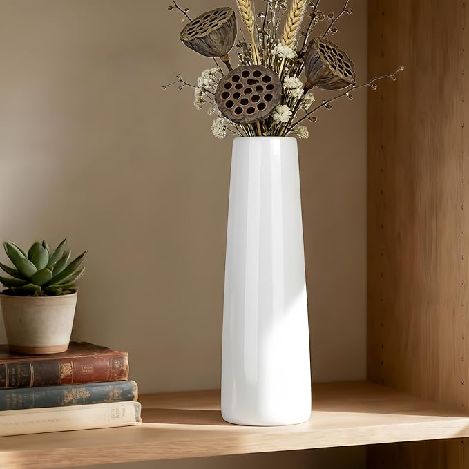12 Inch White Vase Ceramic Flower Vase, Tall Vases for Pampas Grass, Home Decor, Modern Textured Vases for Living Room Decorations,Table Centerpieces,Shelf,Farmhouse Small Ceramic Vase