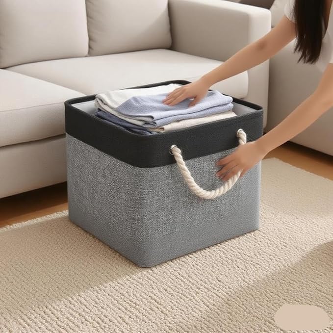 Fabric Storage Cubes, 11 inch cube storage bin with Handles, 11x11cube storage organizer bins, Collapsible Storage Bins for Shelves and Home, Cubby Storage Bins (Black-Gray, 10.5x10.5x11in)