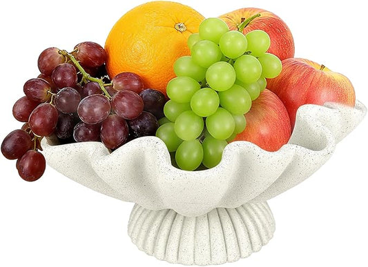Large Decorative Bowls for Home - Fruit Pedestal Bowl for Coastal Decor - Scalloped Bowl - 10.3" Off-white Resin Unique Decor for Coffee Table