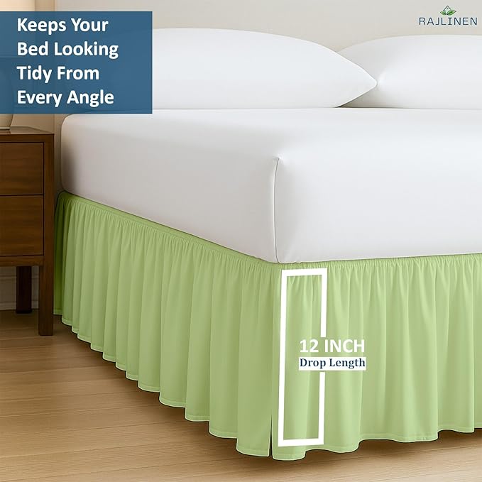 Rajlinen Ruffled Bed Skirt Full XL, 12 Inch Drop Dust Ruffle with Split Corners, 100% Microfiber Bedskirt with Platform, Three-Sided Coverage Ruffled Gathering Design, Sage