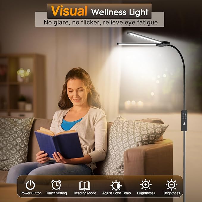 Syrinx LED Floor Lamp, Dual Head Gooseneck Floor Lamps for Living Room with Gesture Switch & Remote Control, 14W Bright Tall Standing Lamp Modern Eye-Caring Reading Floor Lamp for Bedroom Office