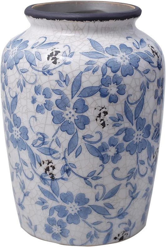 Light Blue White vase Flower Ceramic Porcelain Vintage Chinoiserie Floral French 8" H