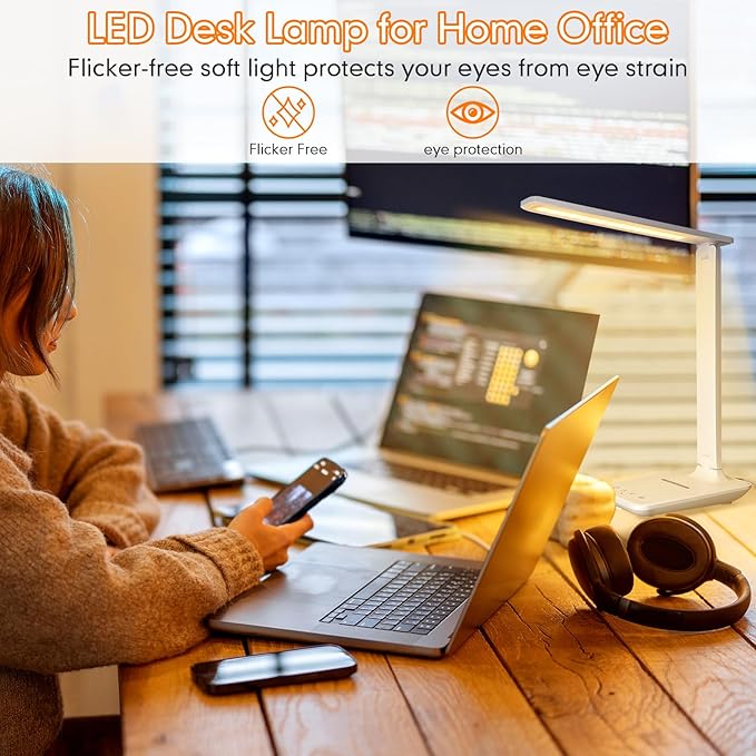 LED Desk Lamp for Office Home, Bright Desk Light with USB Charging Port, Adjustable Dimmable Desk Lamps 5 Modes 5 Brightness, Touch Study Lamp for Nail, Craft, Puzzle, Sewing, Study, White Pro