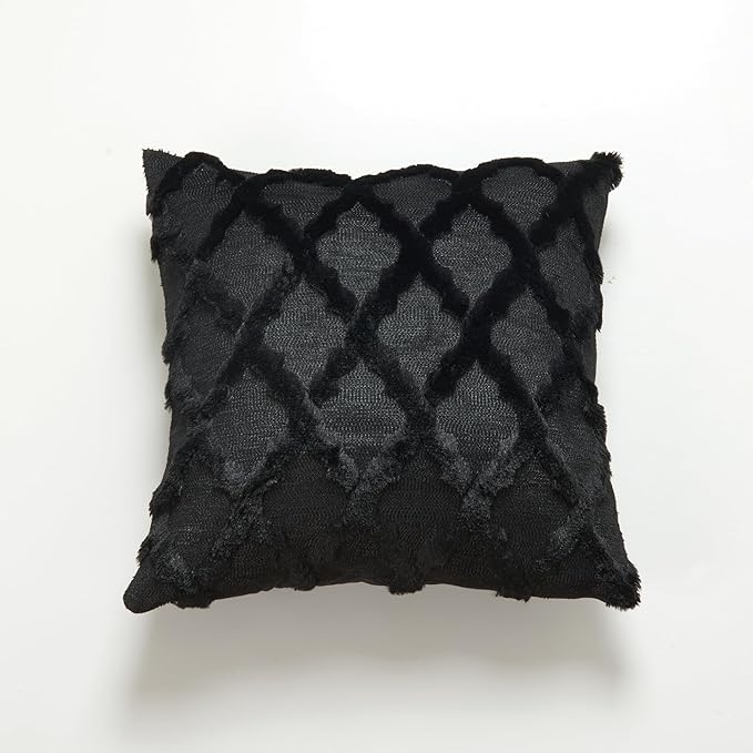 EMMTEEY Boho Throw Pillow Covers 16X16 - Single-Side Fluffy Stripe Stitching Embroidery, Wrinkle Resistant Pillow Case for Couch/Living Room/Bedroom Décor, Black