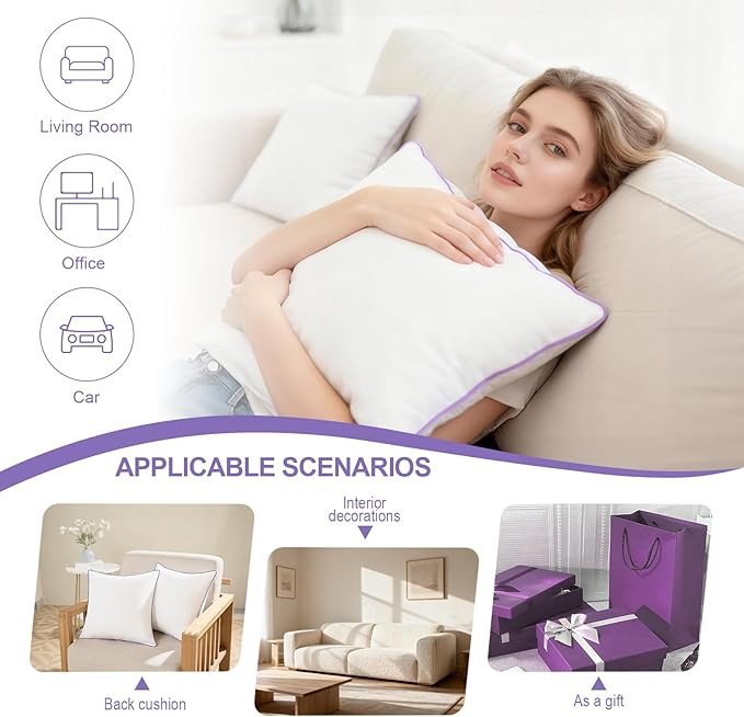 Wuuyuef 20x20 Pillow Inserts Set of 2, Hypoallergenic Soft Fluffy Decorative Throw Pillow Inserts with Purple Reinforced Edges, Machine Washable, for Sofa Couch, White
