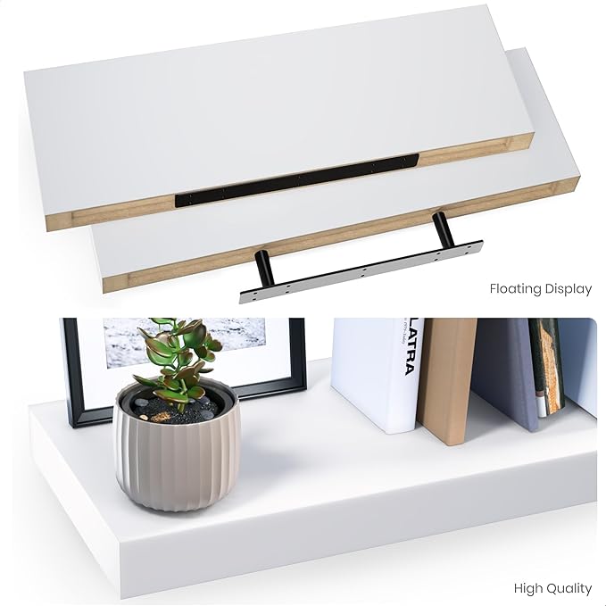 Ballucci Floating Shelves for Wall, 24" Wood Wall Shelf Set of 2, with Invisible Brackets for Bathroom, Living Room, Bedroom, Kitchen, Nursery, 8" Deep, White