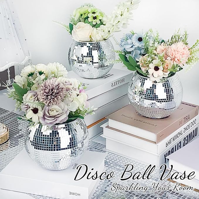 2 Pcs Disco Ball Vase,4.4 x 6 Inch Mirrored Disco Ball Planter,Disco Ball Candle Holders Perfect Disco Decorative Planters for Living Room Bedroom Dining Table Wedding Party Birthday