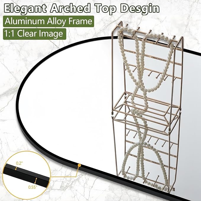 Floor Mirror Arched Full Length Mirrors, Mirror Full Length Standing Hanging or Leaning Against Wall, 59"x18" Large Full Body and Wall Mounted Mirror for Bedroom Living Room, Black