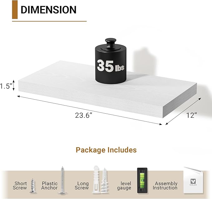 Vivelove White Floating Shelves 12 Inches Deep, [Wood Grain Texture] 23.6x12 Floating Shelves for Wall with Invisible Brackets, Room Shelves for Living Room Bedroom Bathroom Kitchen Office, Set of 2