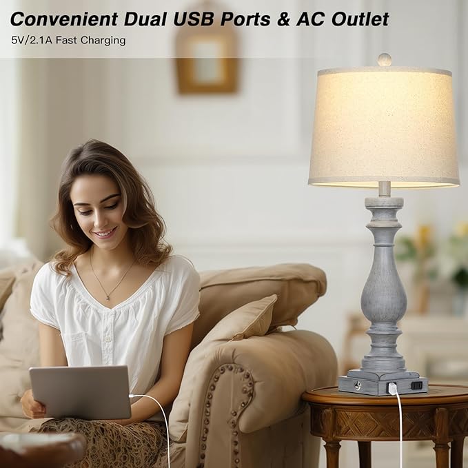 29" Tall Farmhouse Table Lamp for Living Room Set of 2,Vintage Retro Nightstand Lamps with USB C+A Ports & AC Outlet,3-Way Dimmable Touch Bedside Lamp for Bedroom Side Table,Light Grey