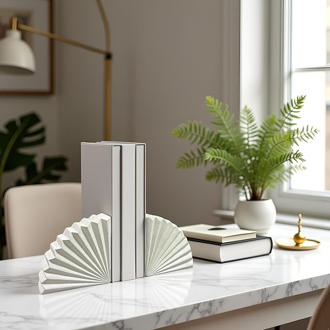 Off-White Fan Shape Bookends Set of 2 – Minimalist Resin Decorative Book Stoppers, Modern Book Ends for Home Office Shelf Organizer