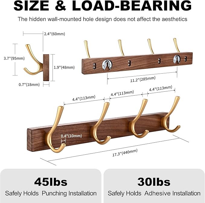 17.3" Small Walnut Wood Coat Rack Wall Mount with 4 Hooks, Heavy Duty Wooden Jacket Hanger Door Mounted for Decorative Entryway Bathroom Hanging Towel Backpack Purse Clothes Hat Key Gold