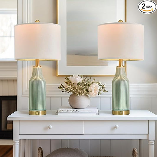 24.5" Modern 3-Way Dimmable Touch Control with USB A+C Ceramic Lamps Set of 2 Table Lamp for Living Room Bedroom Farmhouse Nightstand Bedside Green