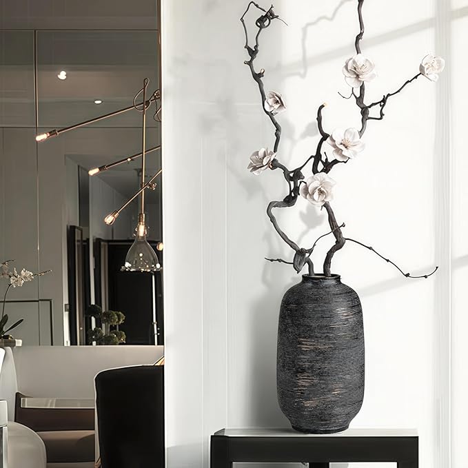 Black Ceramic Vase, Large Textured Rustic Farmhouse Decorative Vase for Centerpieces, 10.8" Black Bronze Flower Vase for Home Decor