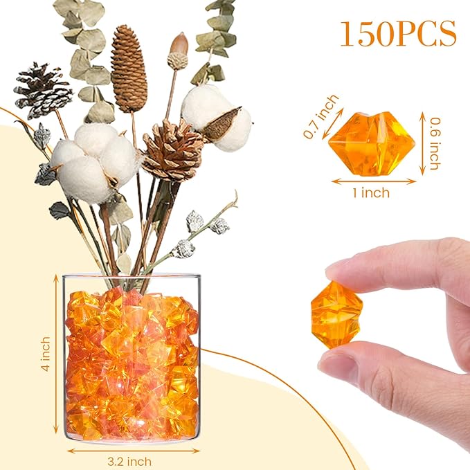 DomeStar Orange Fake Ice Rocks, 150PCS Acrylic Gems Crystals Plastic Diamonds Fake Ice Cubes Centerpiece for Vase Fillers DIY Craft Wedding Party Table Scatter Burnt Orange Decorations