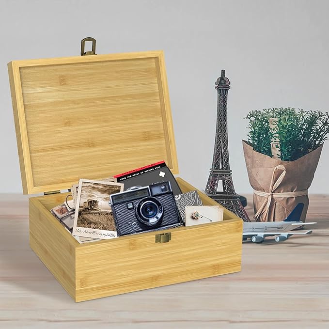 Wooden Keepsake Memory Box for Precious Items, Decorative Bamboo Boxes with Hinged Lid and Latch for Memories of Relatives, Anniversary, Wedding