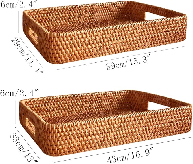 i-lan 2 Pack Oversize Deep Natural Wicker Serving Tray with Handles and 2.3” Wall, 16 Inch Rectangular Rattan Office Tray, Decorative Woven Rattan Fruit Baskets Tray Plate for Table Countertop,L+XL