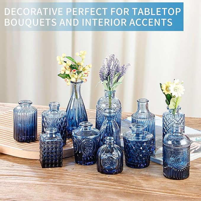 KUAGUINZUHE 12 Pcs Glass Bud Vase Set, Small Blue Vintage Flower Vases for Wedding Centerpieces in Bulk, Mini Embossed Vases for Home Table Decor, Party, Baby Shower Decorations