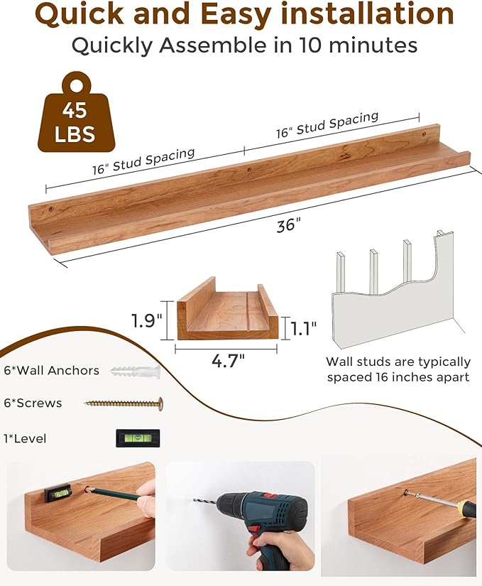 Axeman Cherry Picture Ledge Shelf, 36 Inch Floating Shelves Set of 2, Solid Wood Wall Shelves with Lip, Wall Decor Storage for Bedroom Living Room Bathroom Kitchen Nursery Photo, Natural Cherry