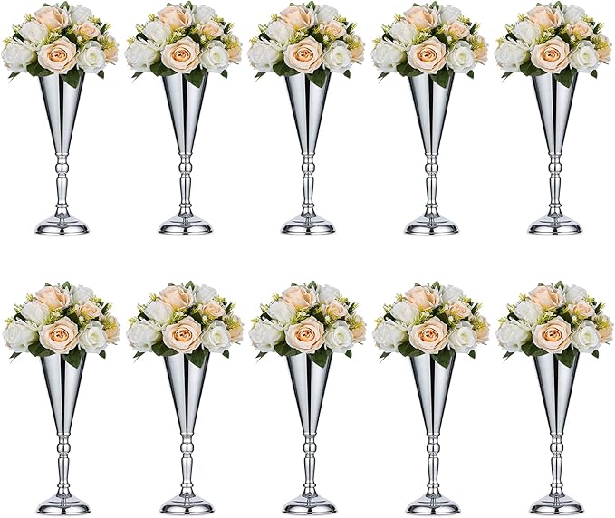 Sziqiqi Trumpet Vase Floral Centerpiece Riser Stand for Wedding Reception Centerpieces Party Event Anniversary Birthday Decoration Flower Arrangement Pack of 10, Silver 14in