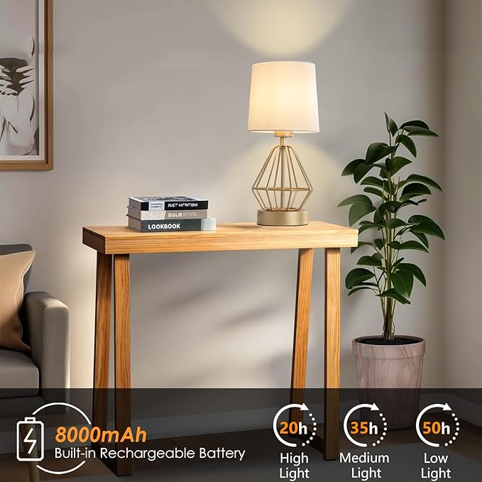 Gold Cordless Lamp,Touch Stepless Dimming,8000mAh Rechargeable Battery Table Lamp,Gold Cage Frame Wireless Lamp,White Lampshade,14.7inches Tall