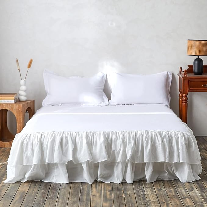 BISELINA White Ruffled Bed Skirt 18-Inch Tailored Drop Cotton Voile Dust Ruffle Soft Cozy Elegant Luxurious Bedding (18" Queen, White)