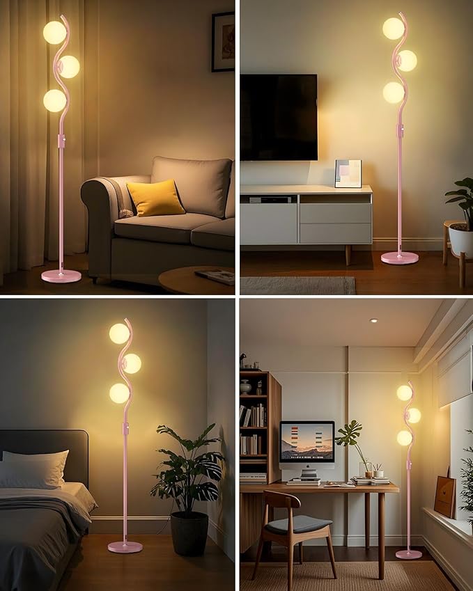 Lightdot 60IN Dimmable Pink Floor Lamp Mid Century Standing Lamps with 3Pcs G9 3000K Warm White Bulbs Stepless Dimming Globe Modern Tall Lamp with Stable Base for Bedroom Office