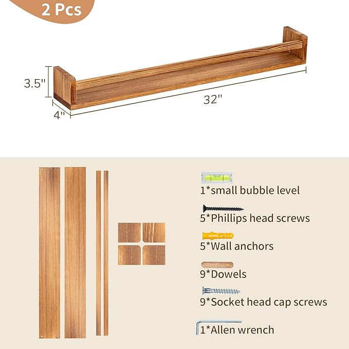 Fun Memories Nursery Book Shelves - Rustic Natural Solid Wood Floating Bookshelf for Kids - Wall Book Shelves for Kids Room (Carbonized, 32inch - 2P)