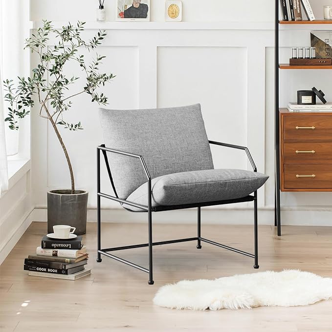 YEEFY Modern Mid Century Modern Accent Chair, Comfy Reading Chair for Living Room, Bedroom, Upholstered Lounge Chair(Gray, 1)