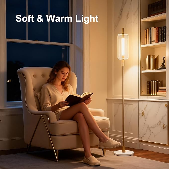 KIVDITZO Dimmable Glass Floor Lamps for Living Room, Modern Standing Floor Lamp with Glass Lampshade, Marble Base, 64" Tall Lamp with Touch Switch for Bedroom Office Living Room